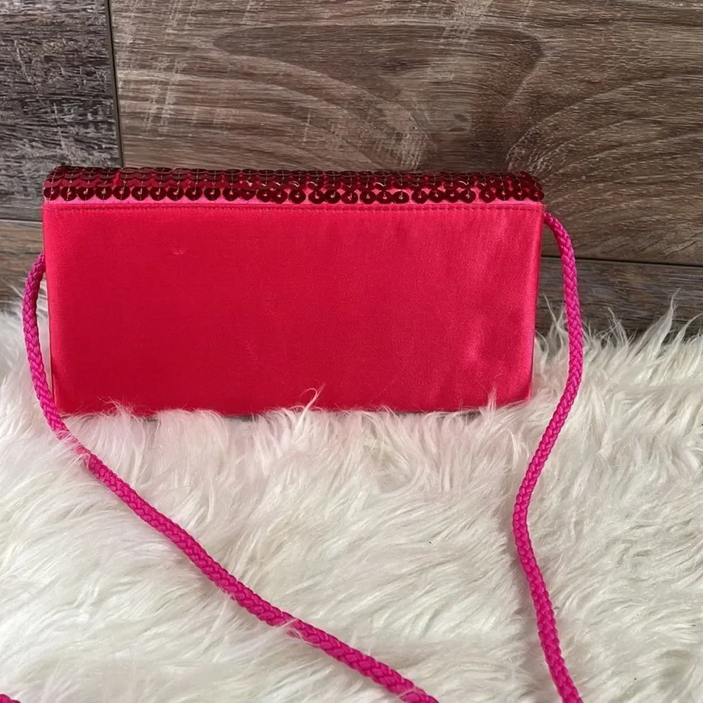 Jessica Mcclintock Satin Sequined Reddish Pink Shoulder Evening Bag Purse